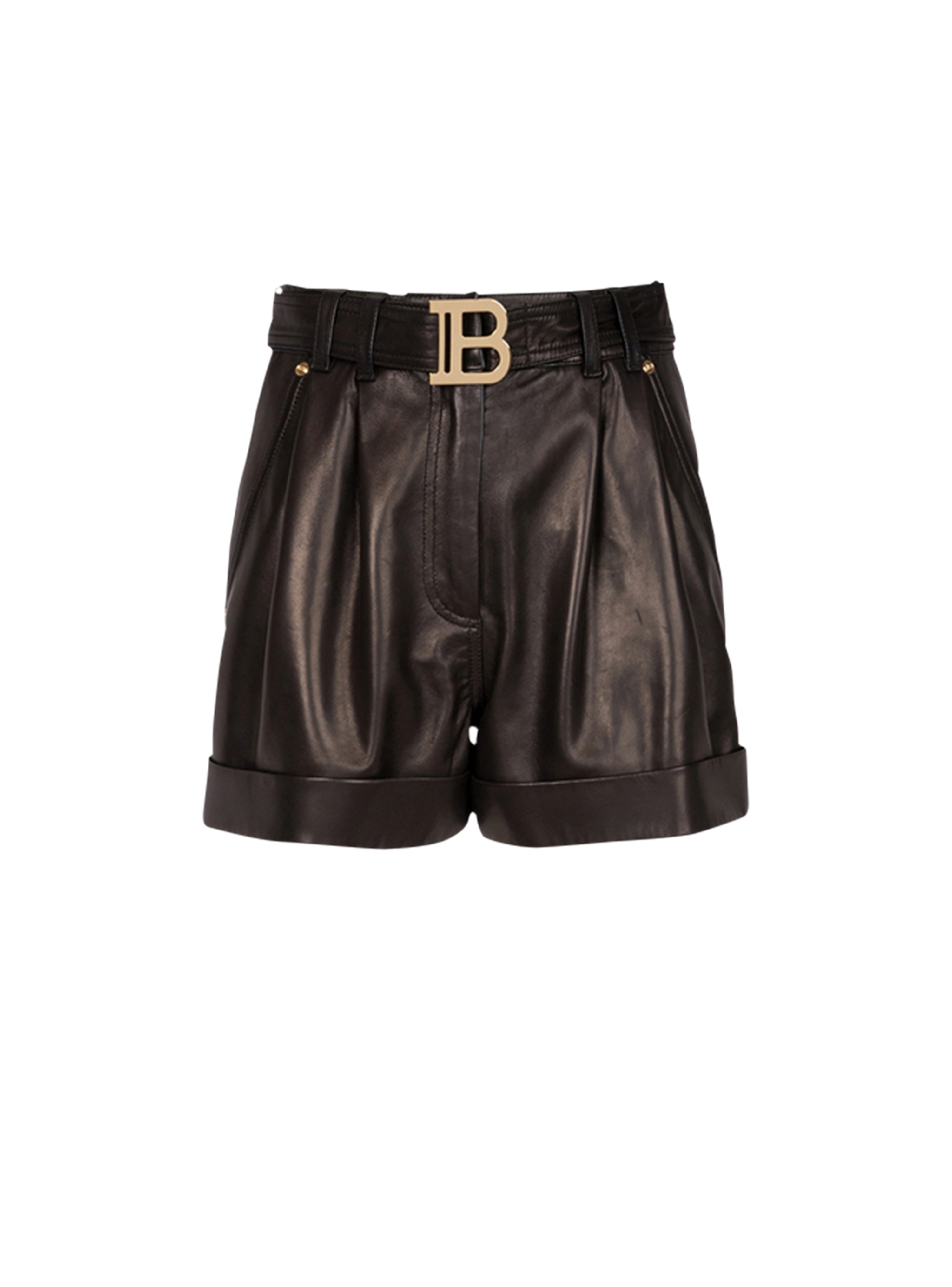 High-waisted leather shorts with Balmain buckle, black