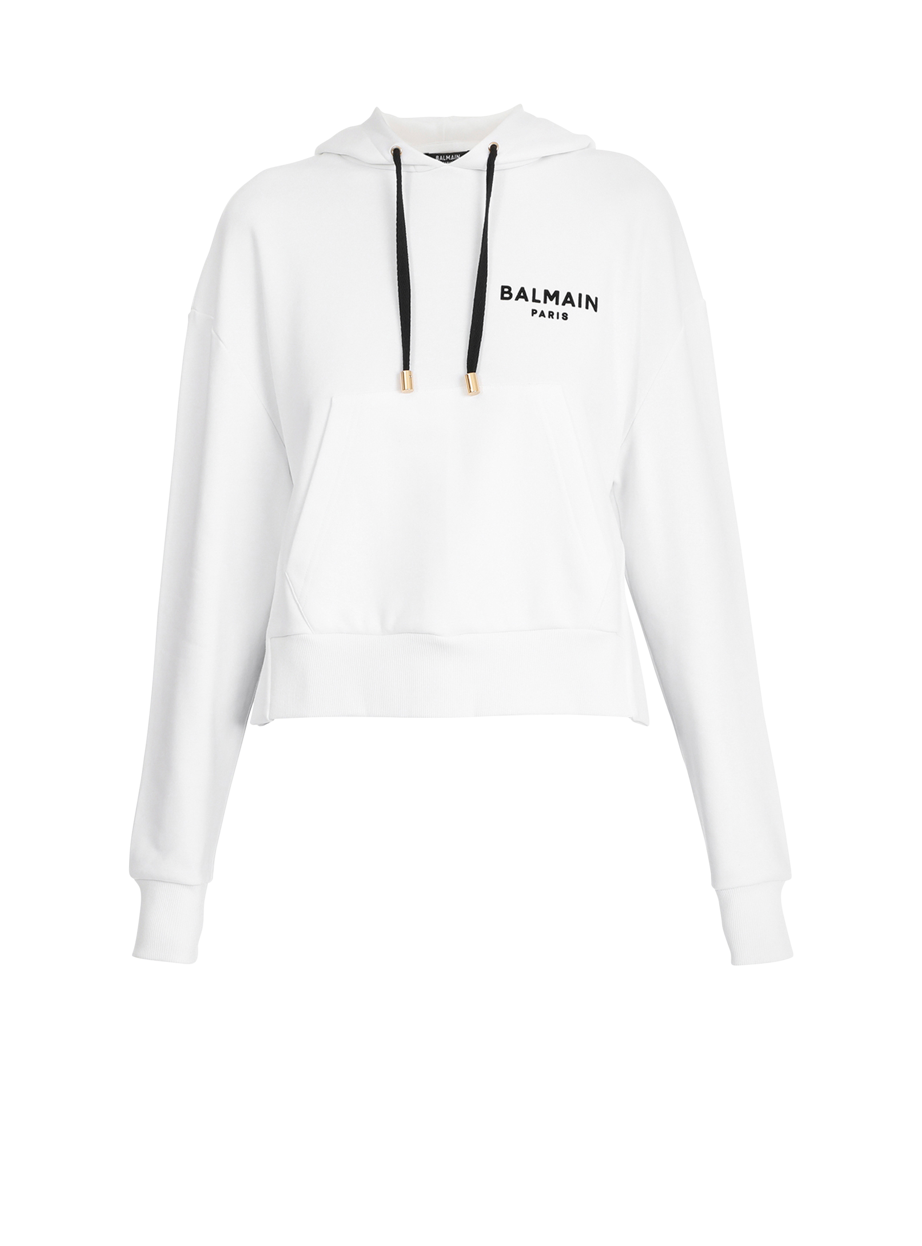 Eco-designed cotton sweatshirt with flocked Balmain logo, white