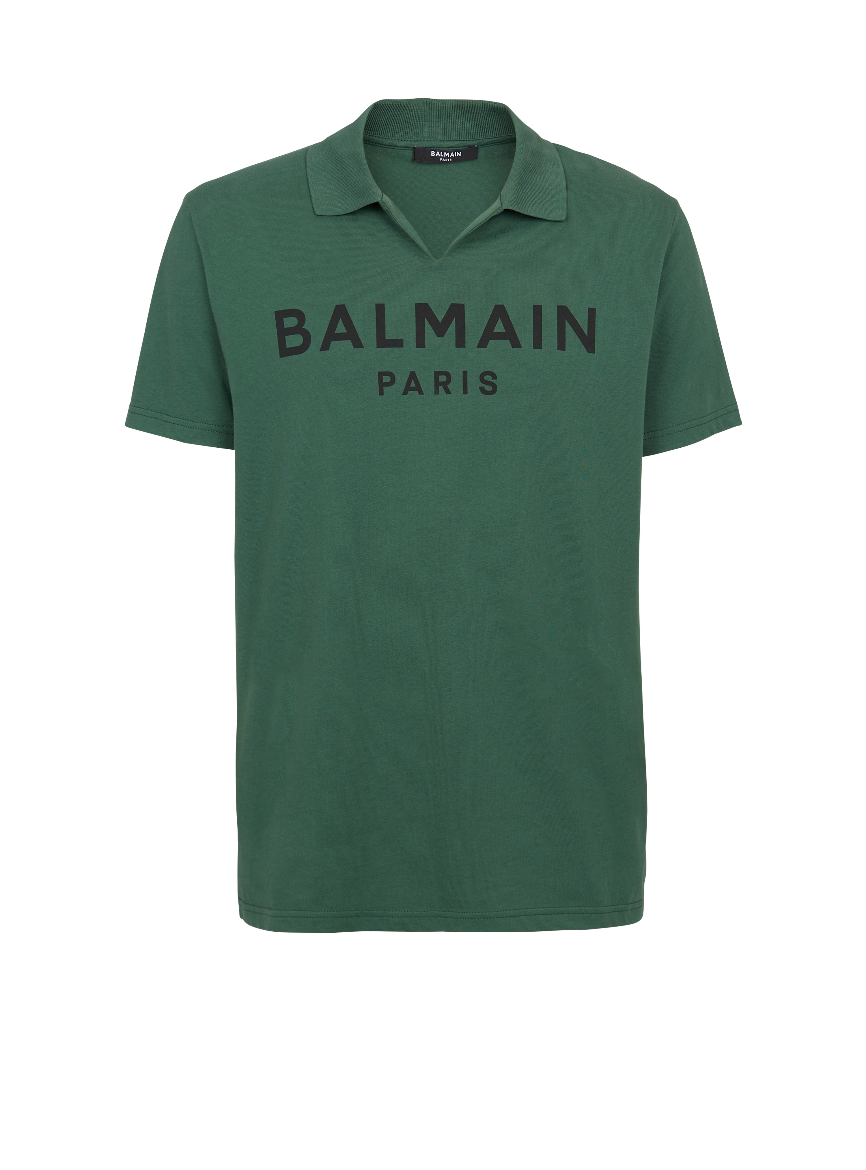 Cotton polo with black Balmain logo print, green
