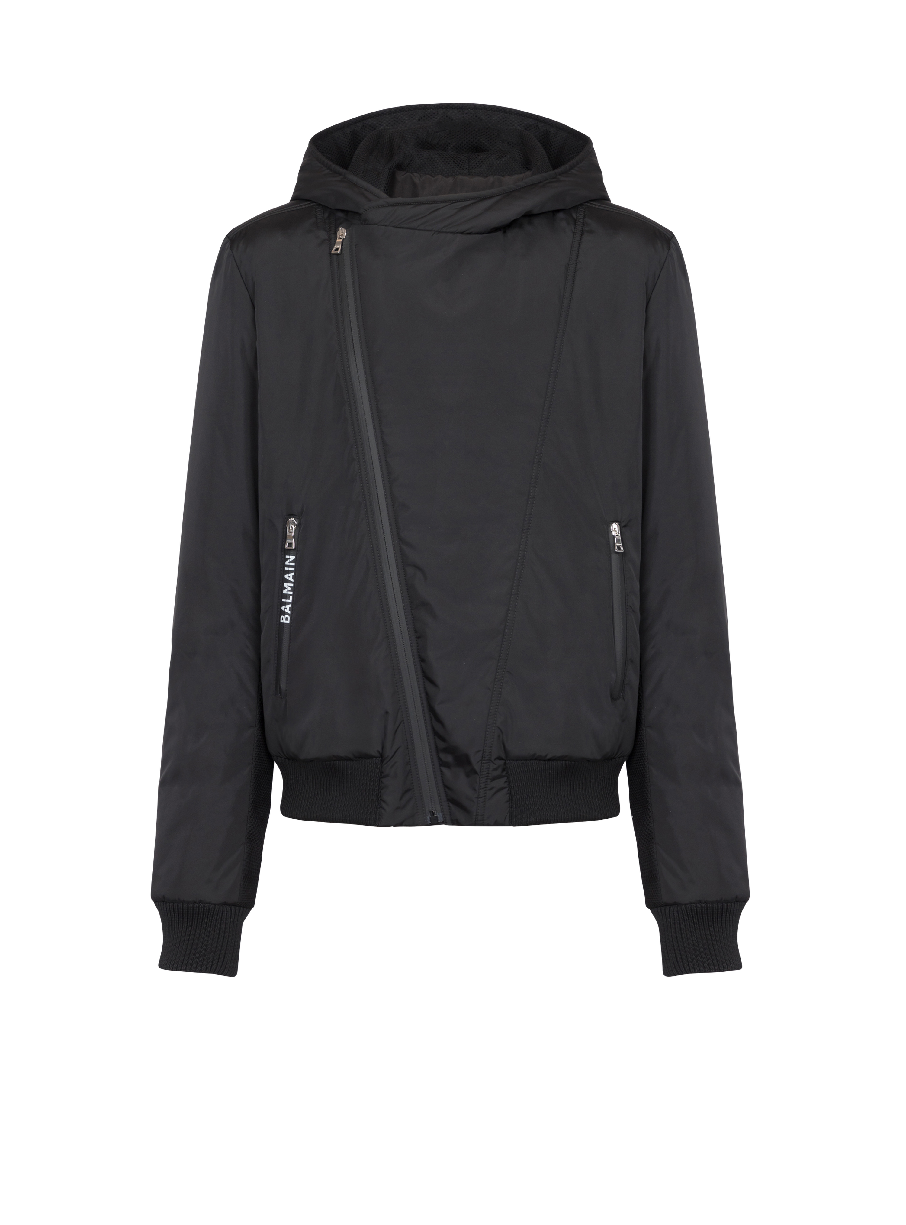 Zipped bomber jacket with nylon hood, black