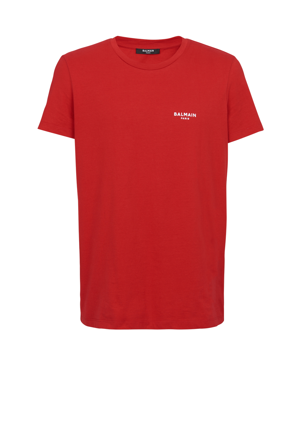 Eco-designed cotton T-shirt with small flocked Balmain Paris logo, red, hi-res