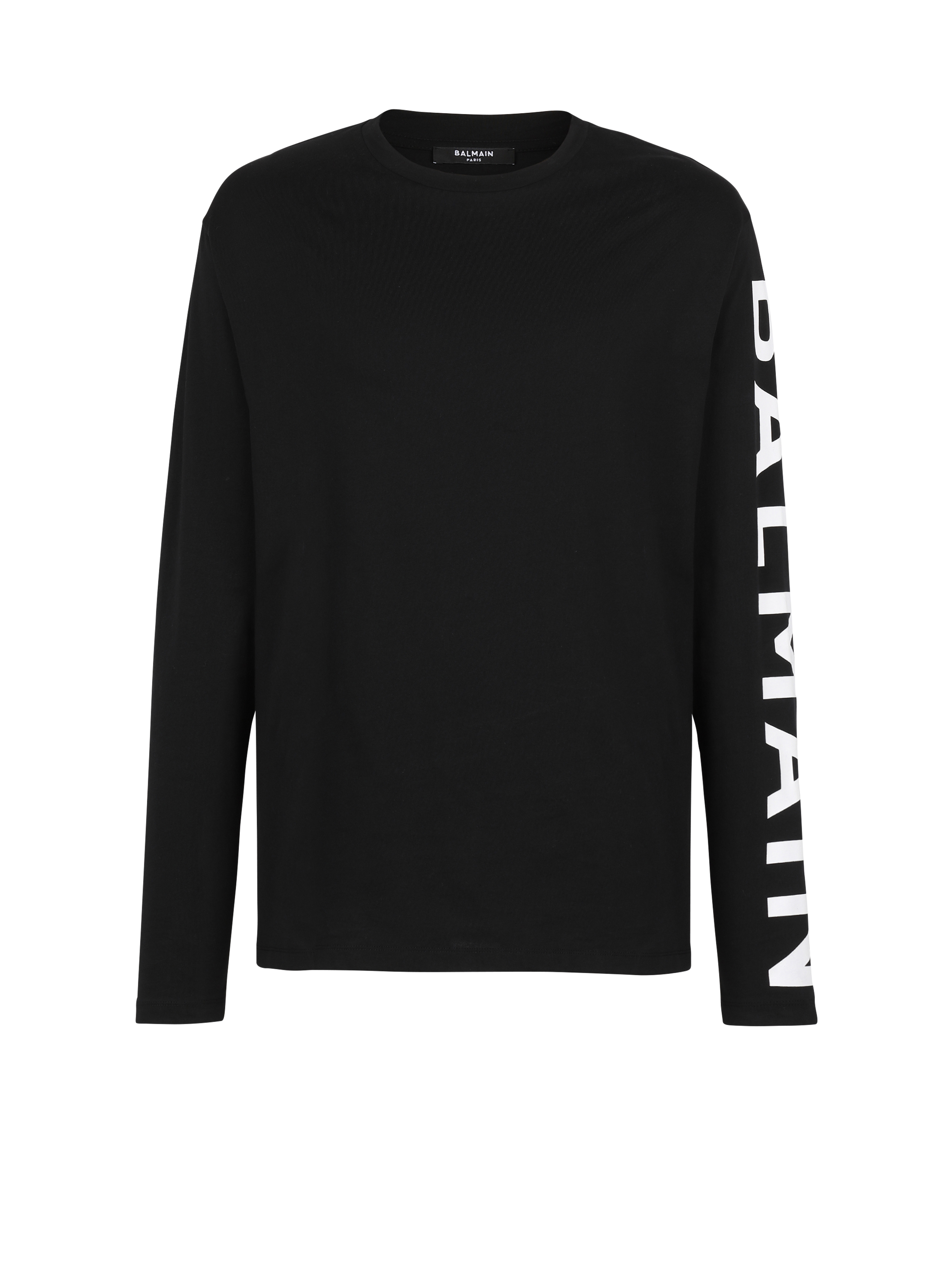 Long-sleeved cotton T-shirt with Balmain signature on sleeve, black